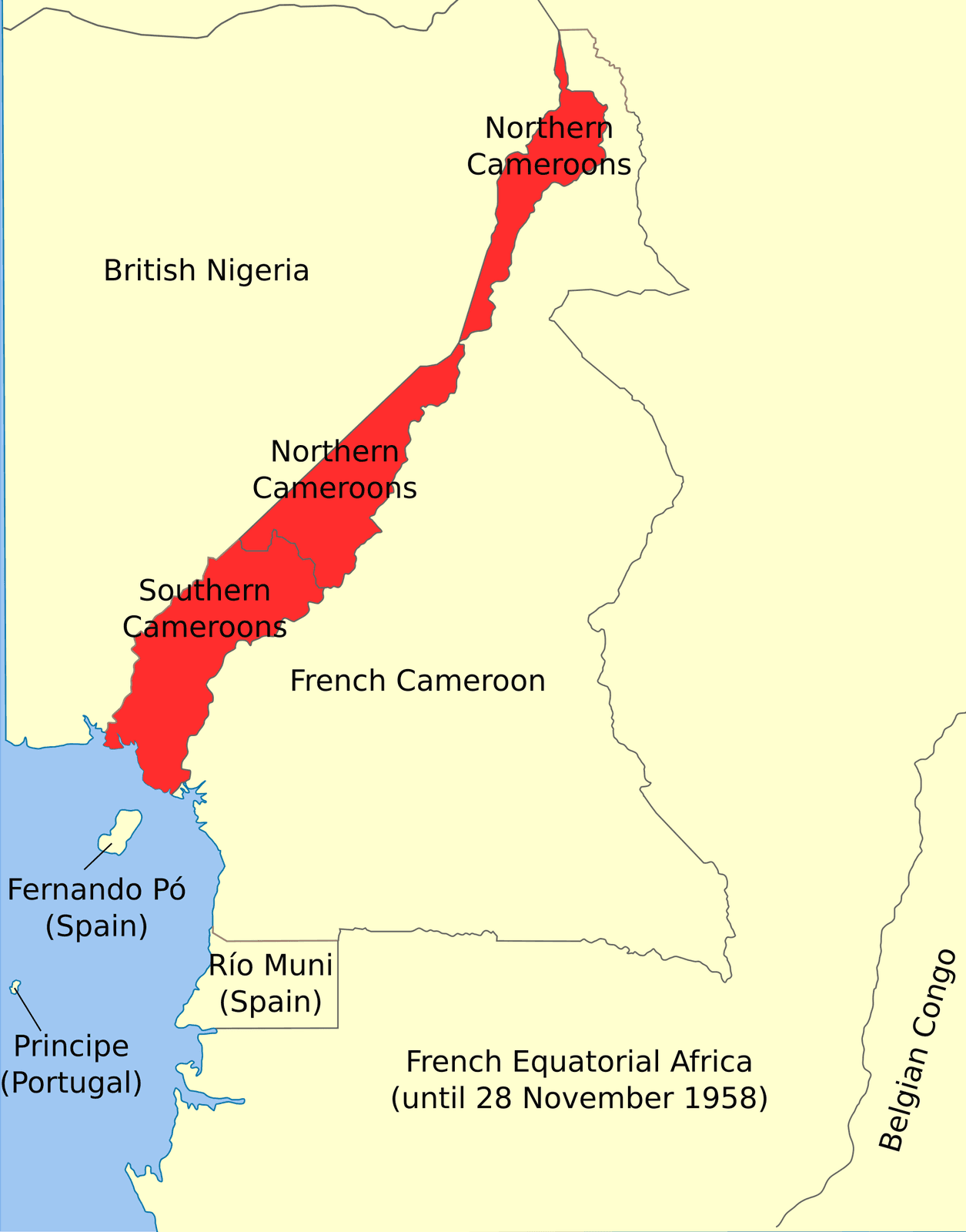 Carte montrant en rouge les territoires du Northern Cameroons et du Southern Cameroons, coincés entre le Nigeria britannique à l'ouest et le Cameroun français à l'est.