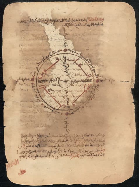 Page manuscrite ancienne en écriture arabe avec un diagramme circulaire, provenant d'une bibliothèque de Tombouctou