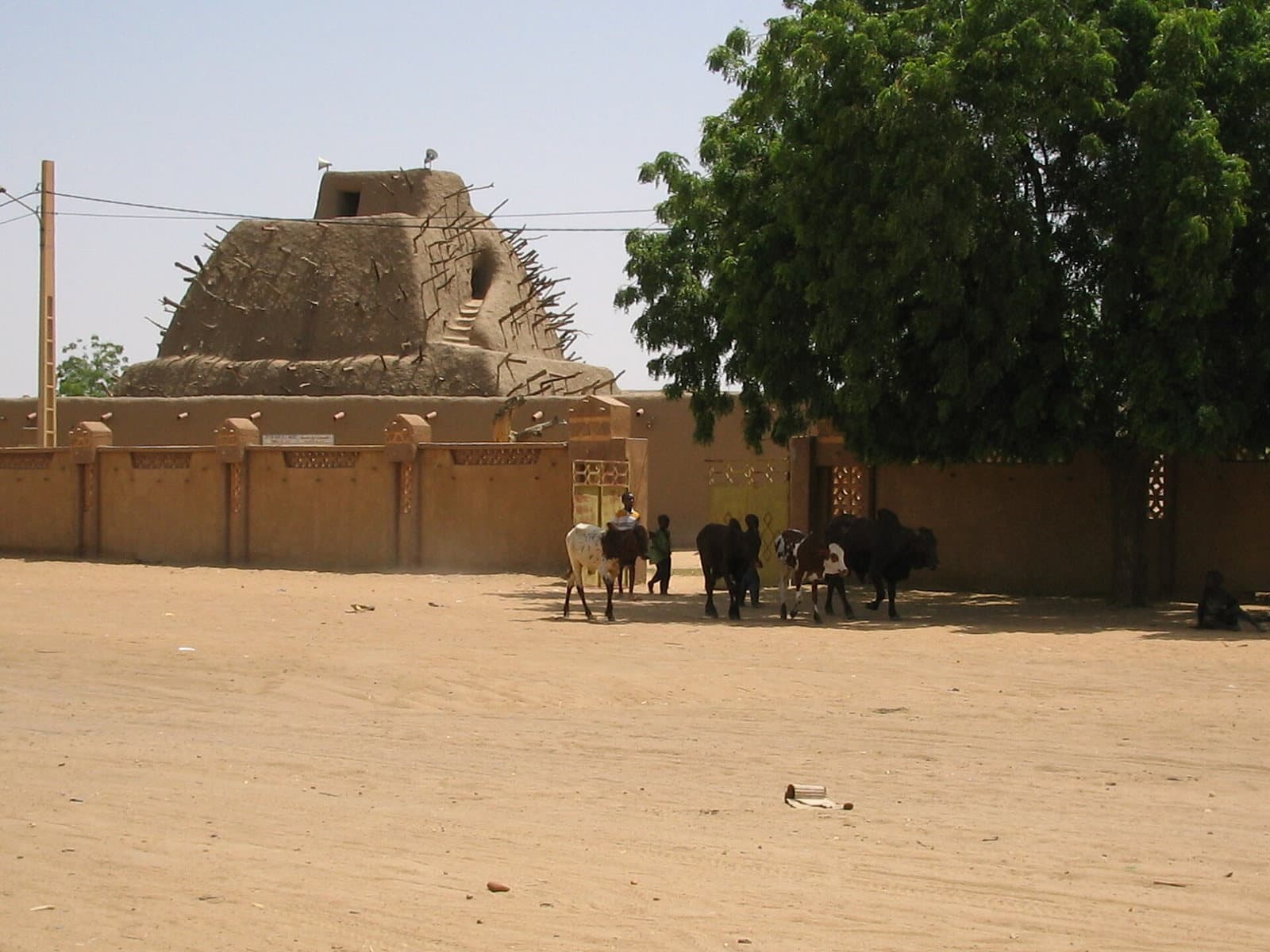 Photographie couleur de 2006 montrant le tombeau pyramidal en terre d'Askia à Gao, entouré de son enceinte