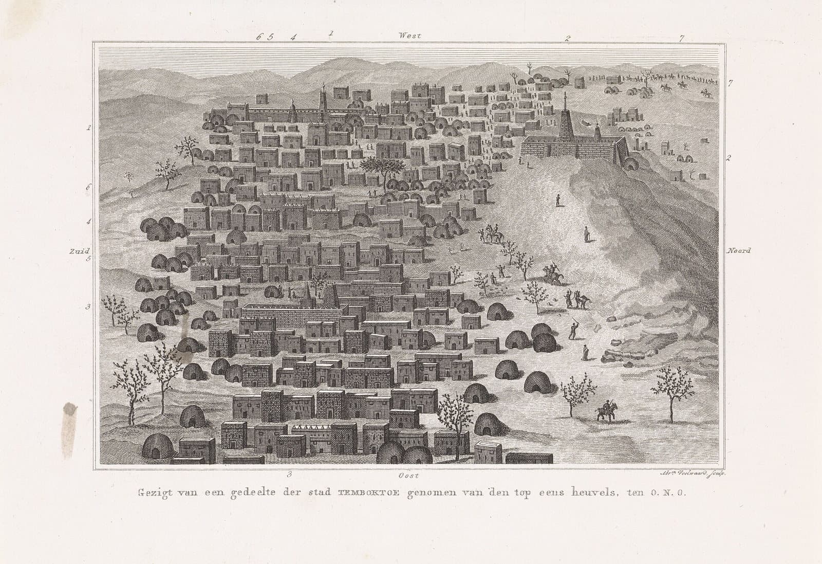 Gravure ancienne en noir et blanc montrant une vue panoramique de la ville de Tombouctou depuis une colline, avec ses maisons de terre et des cavaliers