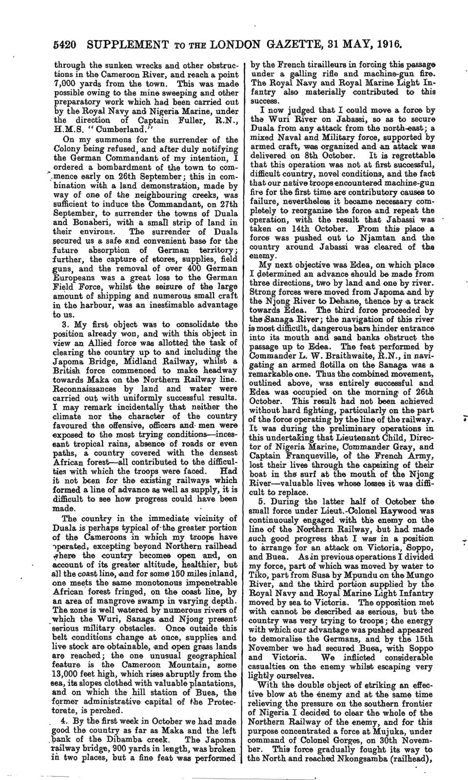 Page imprimée d'époque du Supplément à la London Gazette du 31 mai 1916, texte en anglais sur deux colonnes, numérotée 5420.