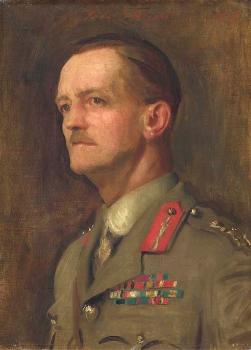 Portrait peint d'un officier britannique en uniforme kaki, moustache, rubans de décorations sur la poitrine, vu de trois quarts.