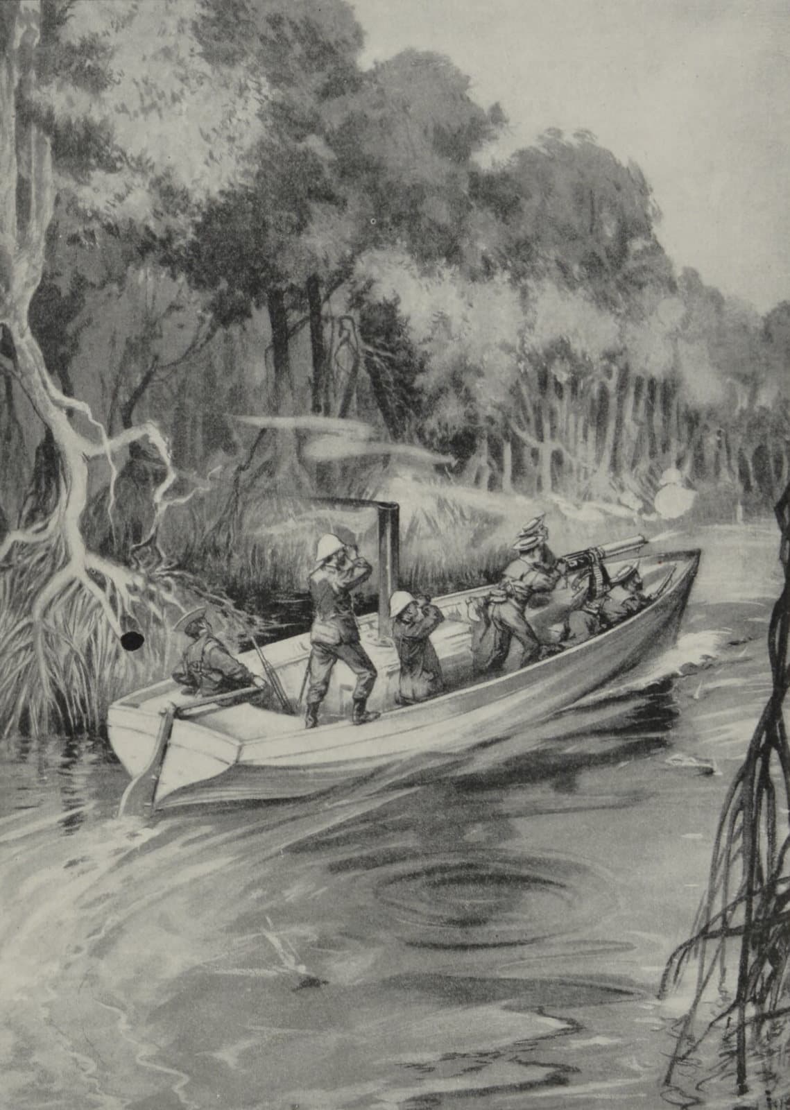 Gravure en noir et blanc représentant un canot à vapeur armé d'une mitrailleuse, avec des marins en casque colonial, remontant une rivière bordée de mangrove, un panache de fumée au loin.