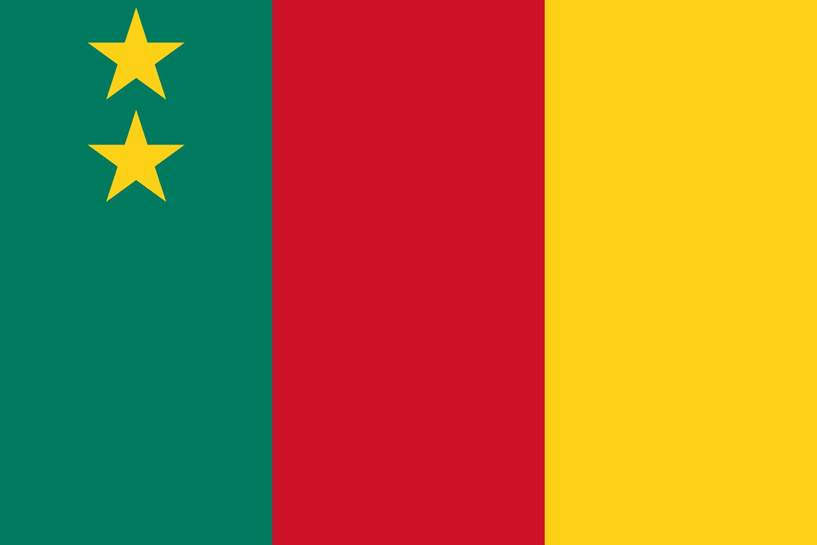Drapeau du Cameroun 1961-1975 : trois bandes verticales vert, rouge, jaune, avec deux étoiles jaunes côte à côte dans la bande verte