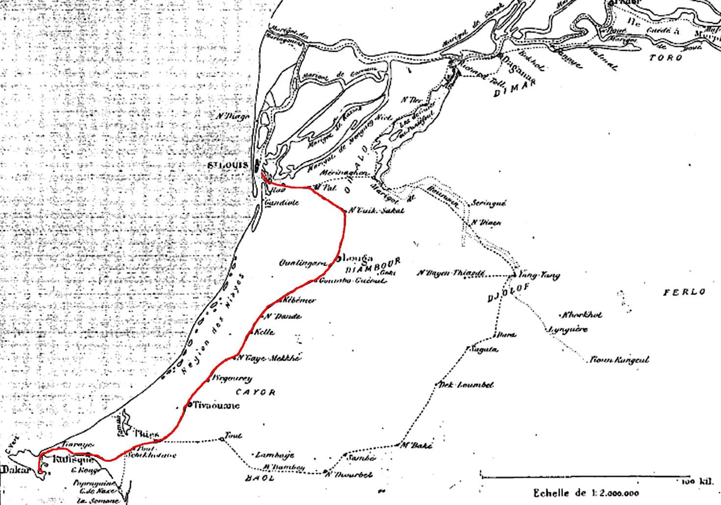Carte ancienne de 1901 montrant le tracé de la ligne de chemin de fer Dakar-Saint-Louis au Sénégal