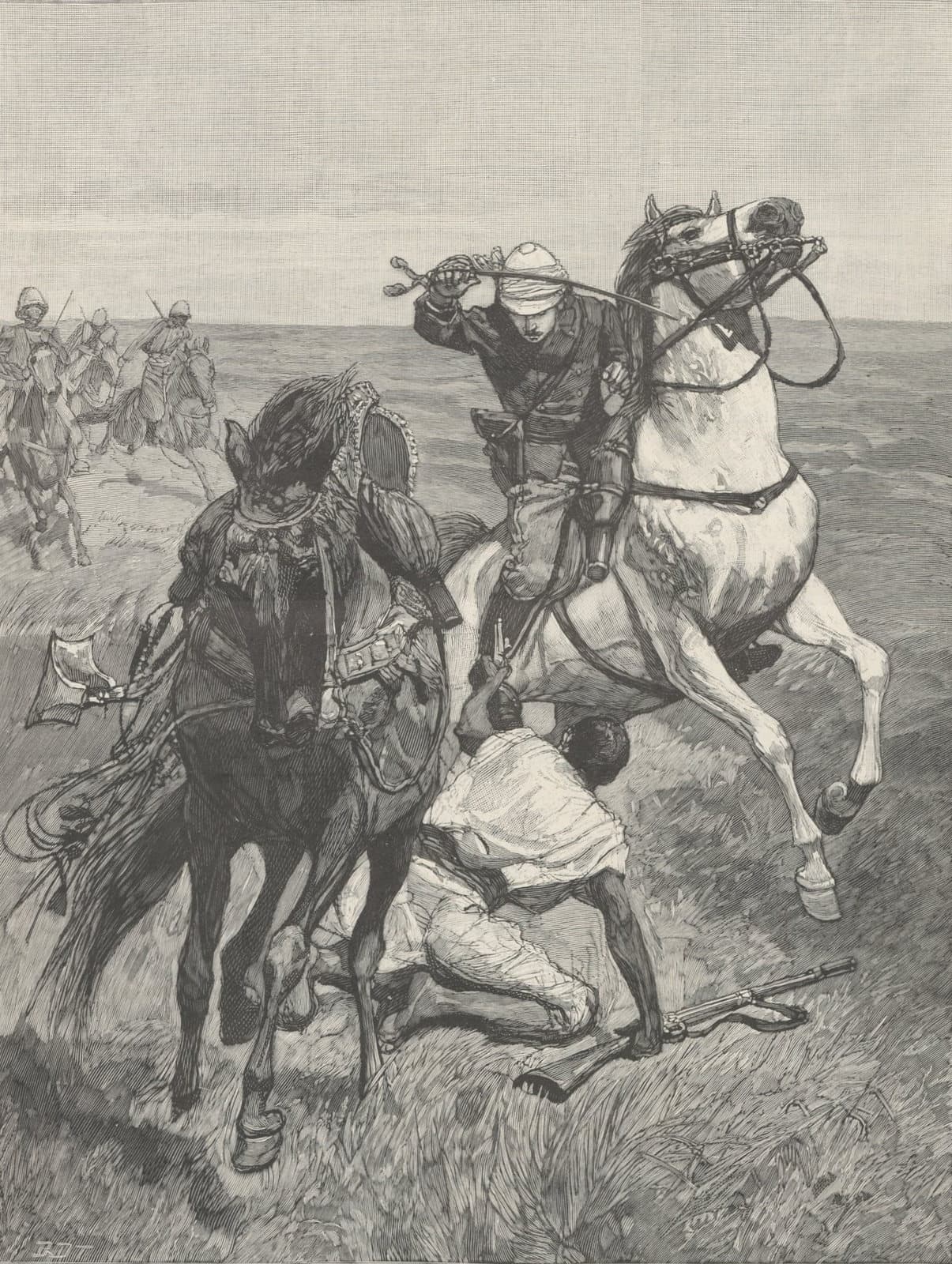 Gravure de 1886 représentant un combat entre des spahis français et les partisans du damel Samba Laobé Fall au Sénégal