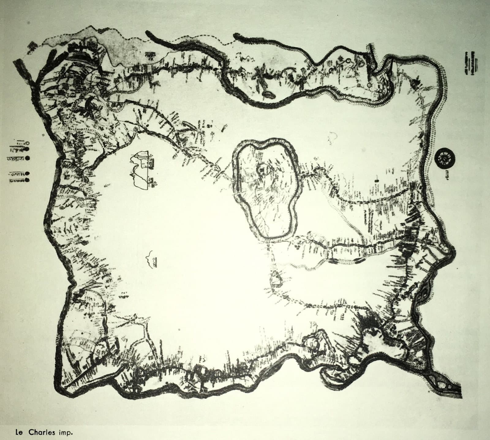 Reproduction d'une carte manuscrite ancienne et fatiguée, tracée à la main, sans légende de lieux lisible sur la copie numérisée.