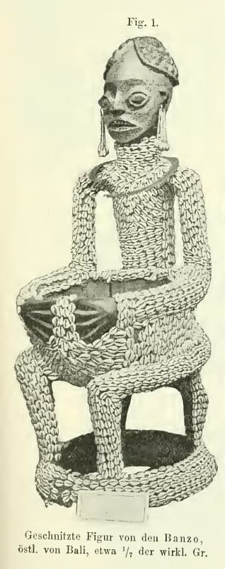 Gravure en demi-ton tirée d'une revue scientifique de 1903 : une statue en bois sculpté, figure assise les mains posées sur les genoux, coiffée d'un bonnet, la surface du corps couverte de rangées de petits éléments cousus.