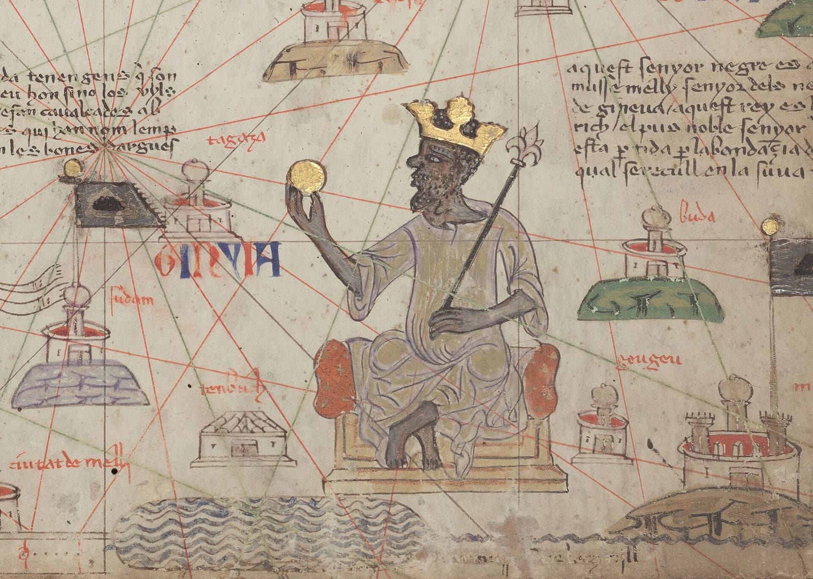 Détail de l'Atlas catalan de 1375 montrant Mansa Moussa couronné, tenant un disque d'or