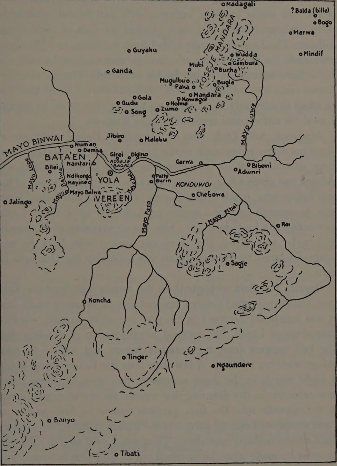 Carte historique de l'émirat de l'Adamawa (Fombina) au XIXe siècle, Afrique de l'Ouest.